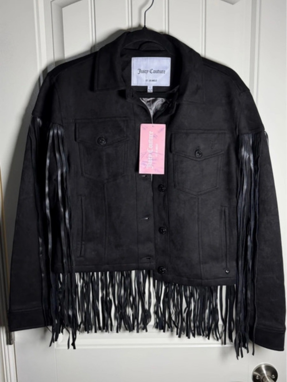 Juicy Couture Black Fringe Suede-Style Jean Jacket